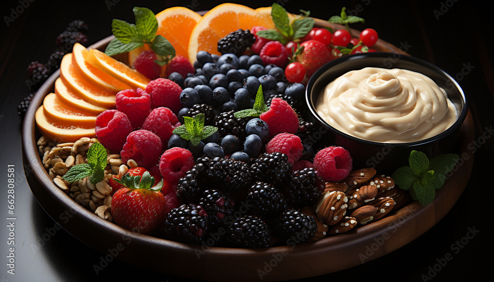 Raspberry, strawberry, mint leaf, yogurt, granola, healthy eating, dessert generated by AI