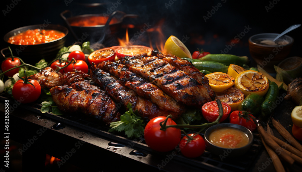 Grilled meat on a plate, barbecue, flame, cooked, freshness, summer generated by AI