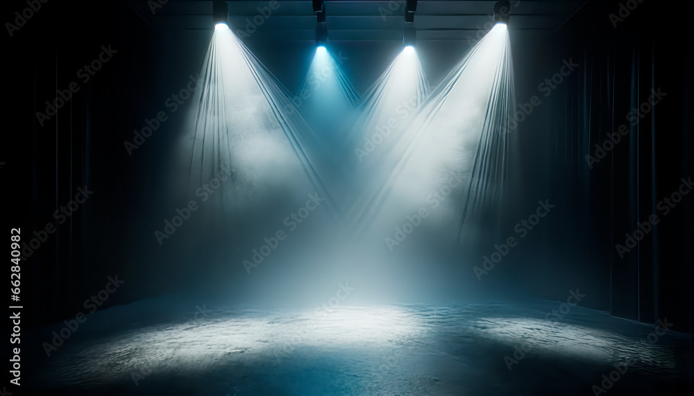 Empty stage background with spotlights and smoke. Generative AI