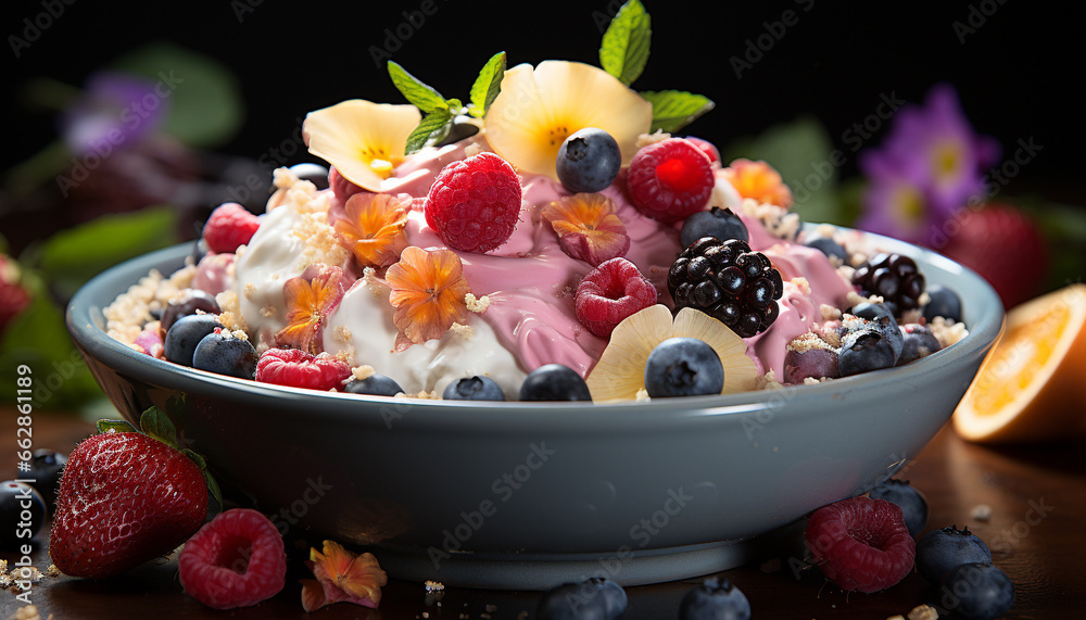 Freshness and sweetness in a bowl of berry fruit parfait generated by AI
