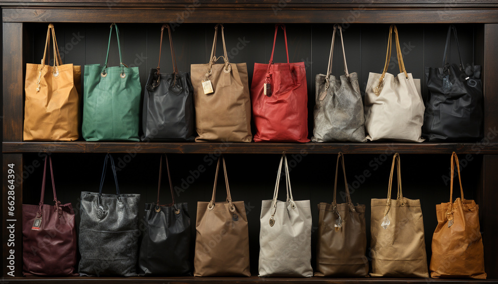 A row of elegant fashion bags hanging in a boutique generated by AI