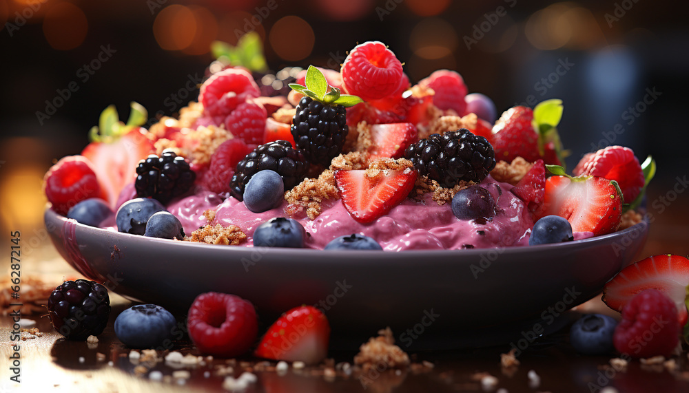 Freshness and sweetness in a bowl of gourmet berry fruit generated by AI