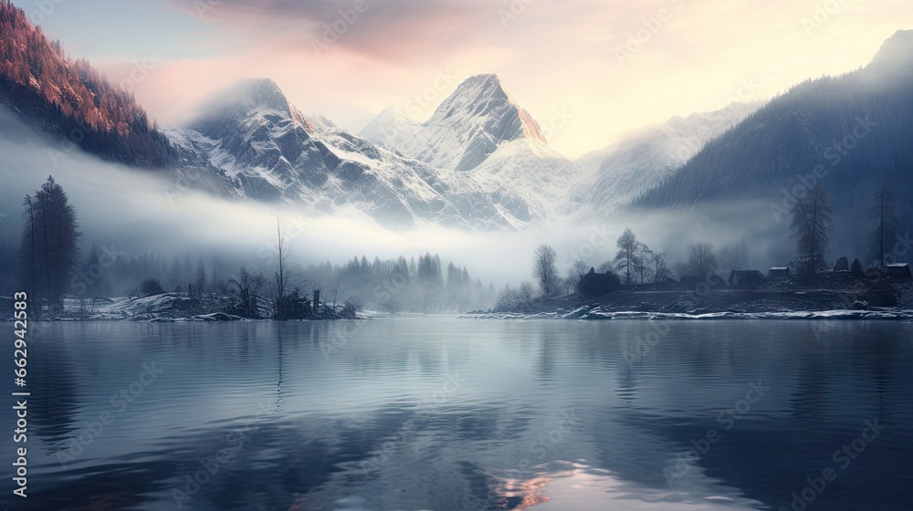  a mountain range with a lake and trees in the foreground.  generative ai