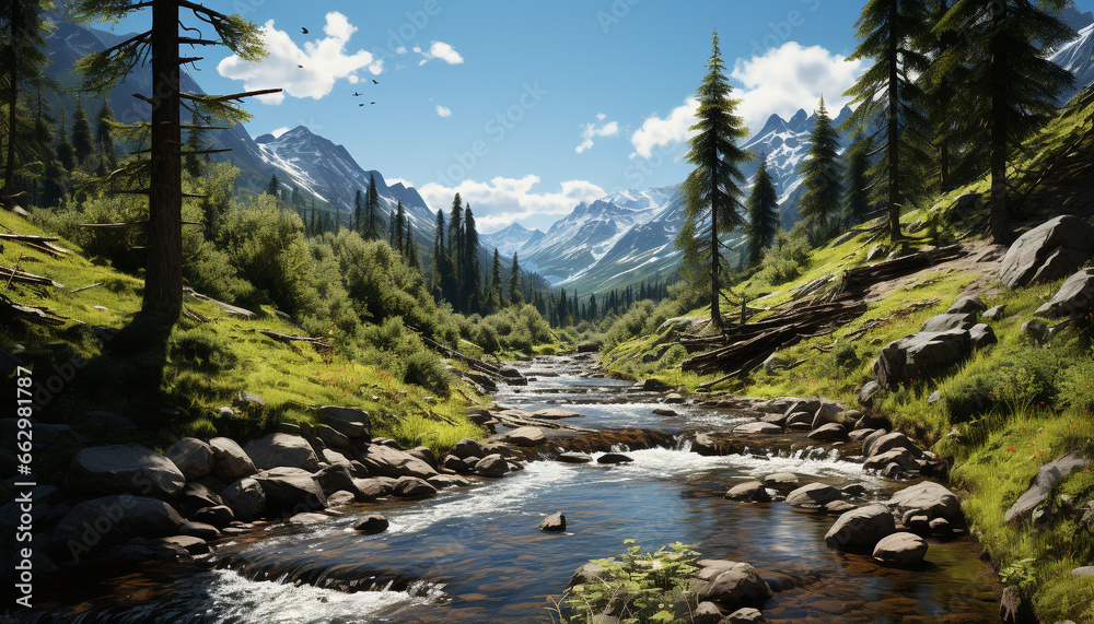 Tranquil scene  Majestic mountain peak reflects in flowing water generated by AI