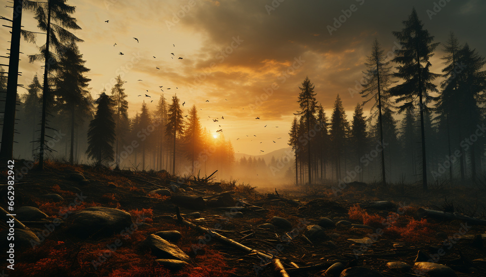 Mysterious forest, autumn sunset, tranquil dawn nature beauty in silhouette generated by AI