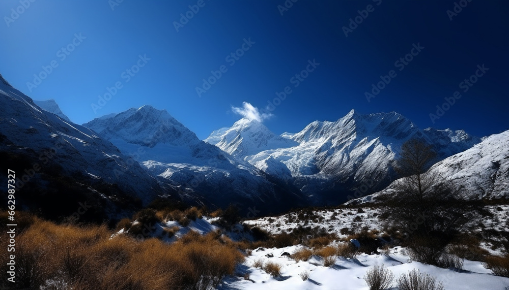 Tranquil snowcapped mountain peak in majestic winter landscape scenery generated by AI