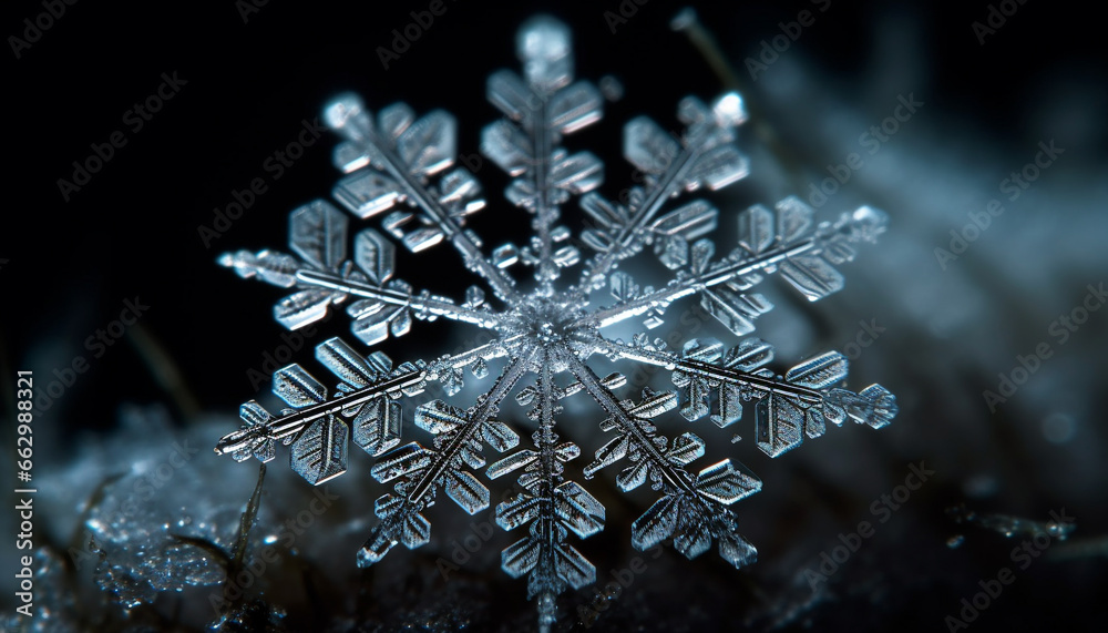 Shiny snowflake pattern on frosty window, winter celebration decoration generated by AI