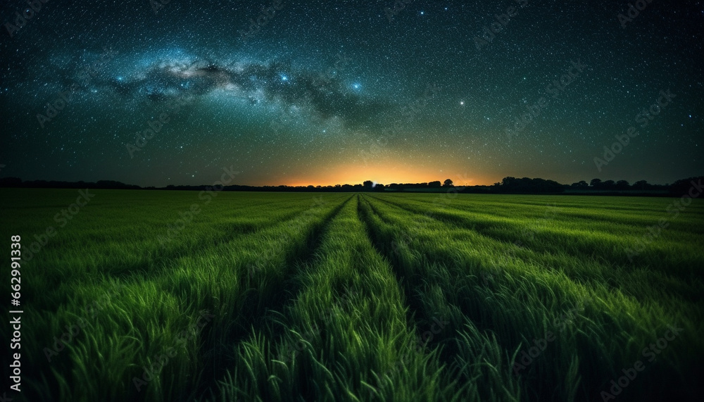 Tranquil rural meadow glows under starry Milky Way night sky generated by AI