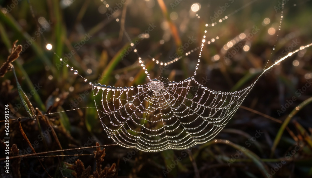 Macro spider web captures dew drop on autumn leaf outdoors generated by AI