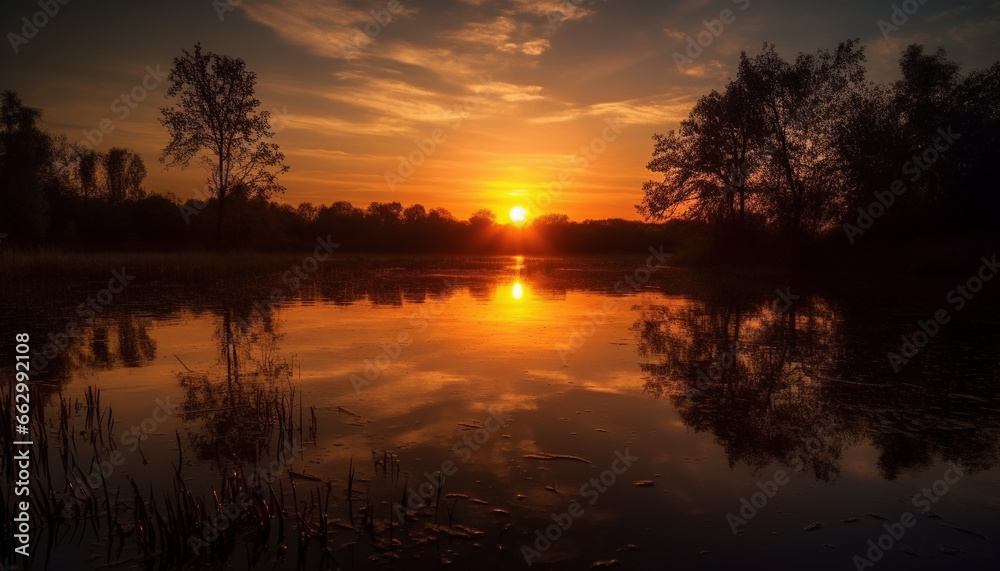 Silhouette of tree against vibrant sunset over tranquil pond generated by AI