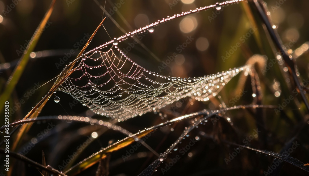 Shiny spider web glistens with dew drops on wet grass generated by AI