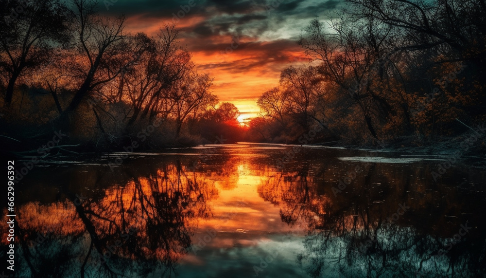 Tranquil scene of nature beauty in sunset reflection on water generated by AI