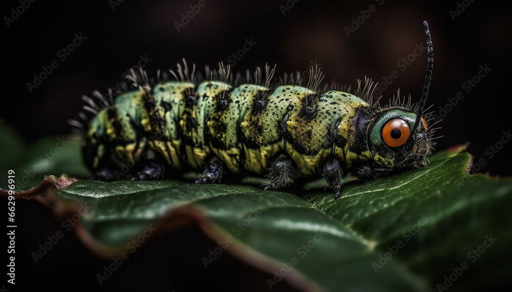 Green caterpillar on leaf, magnified in nature beauty and biology generated by AI