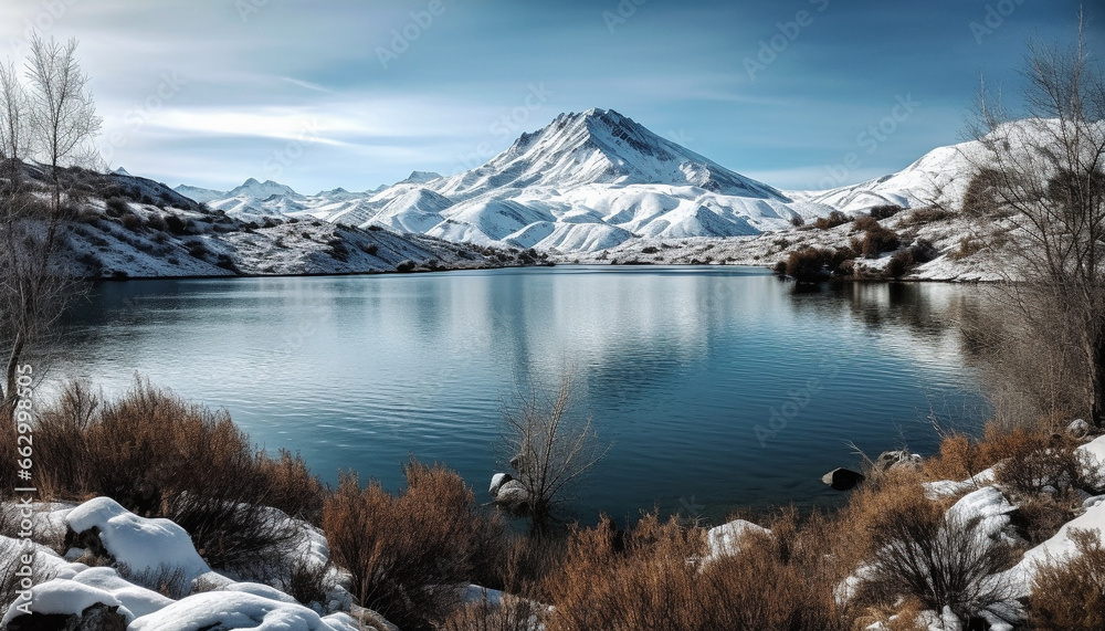 Majestic snowcapped mountain peak reflects tranquil beauty in nature generated by AI