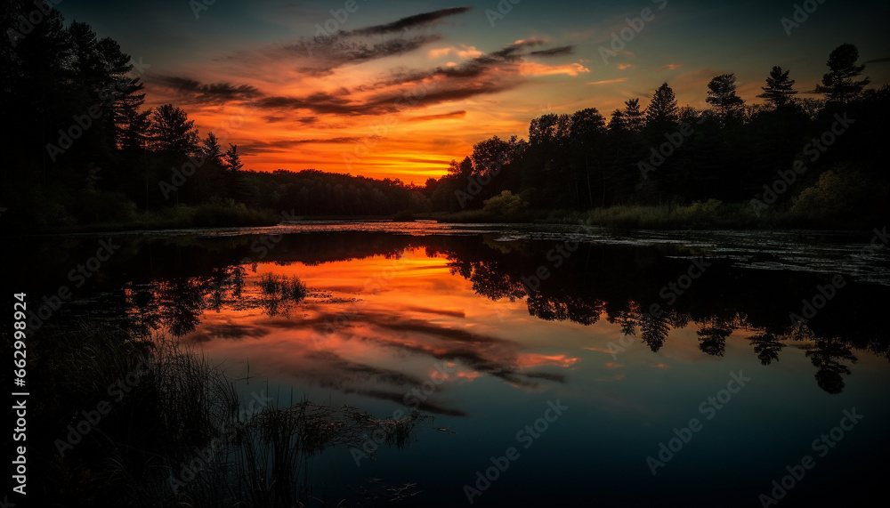Tranquil sunset over water, reflecting vibrant autumn colors in nature generated by AI