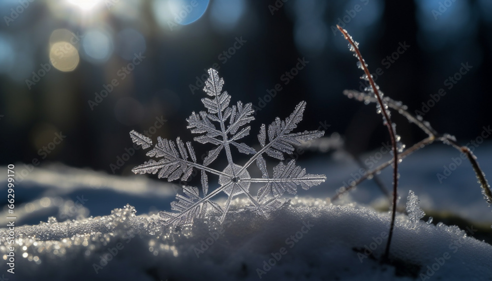 Frosty winter forest glitters with icy snowflakes and frozen branches generated by AI