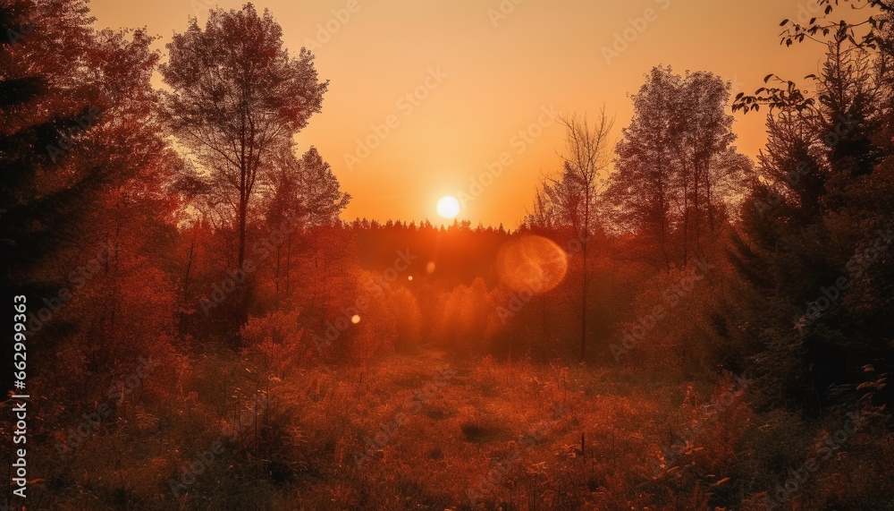 Vibrant sunset illuminates tranquil forest, mountain silhouette against orange sky generated by AI
