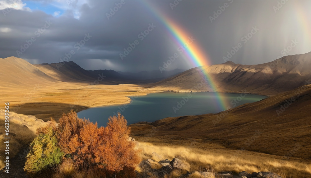 Tranquil scene of majestic mountain range with rainbow over horizon generated by AI