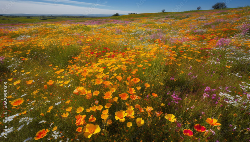 Vibrant wildflowers blossom in tranquil meadow under autumn sunset sky generated by AI