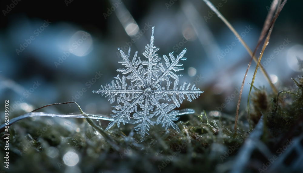 Frosty snowflake decoration on frozen coniferous branch in winter forest generated by AI