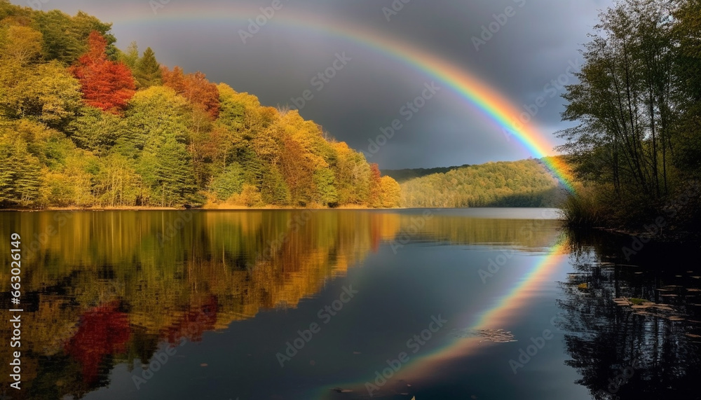 Tranquil autumn landscape reflects vibrant spectrum of nature beauty generated by AI