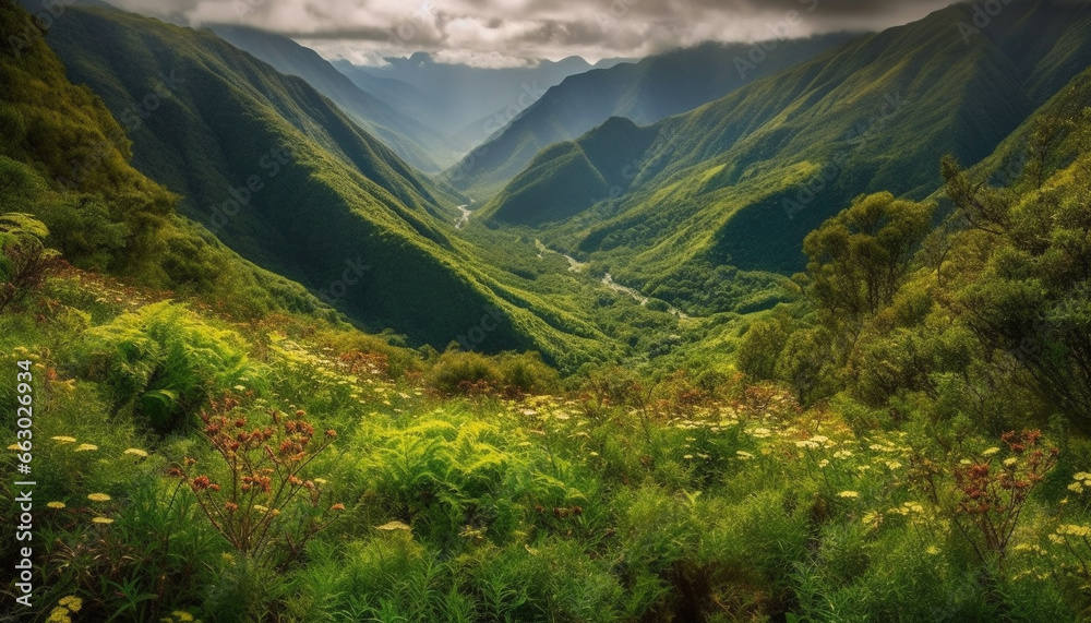 Traversing the Asturias mountain range, a majestic panoramic landscape generated by AI