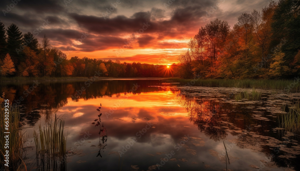 Tranquil sunset reflects autumn beauty in nature over water generated by AI