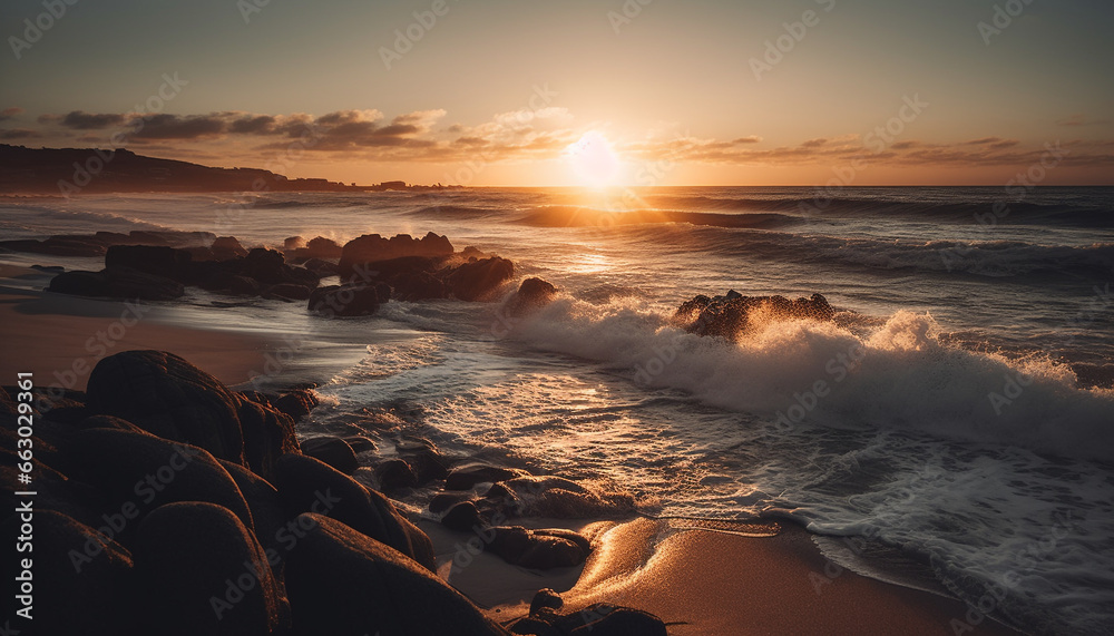 Tranquil sunset over idyllic coastline, reflecting golden sunlight on water generated by AI