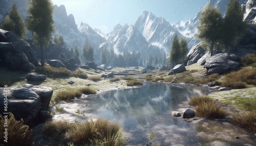 Majestic mountain peak reflects in tranquil flowing water, breathtaking landscape generated by AI
