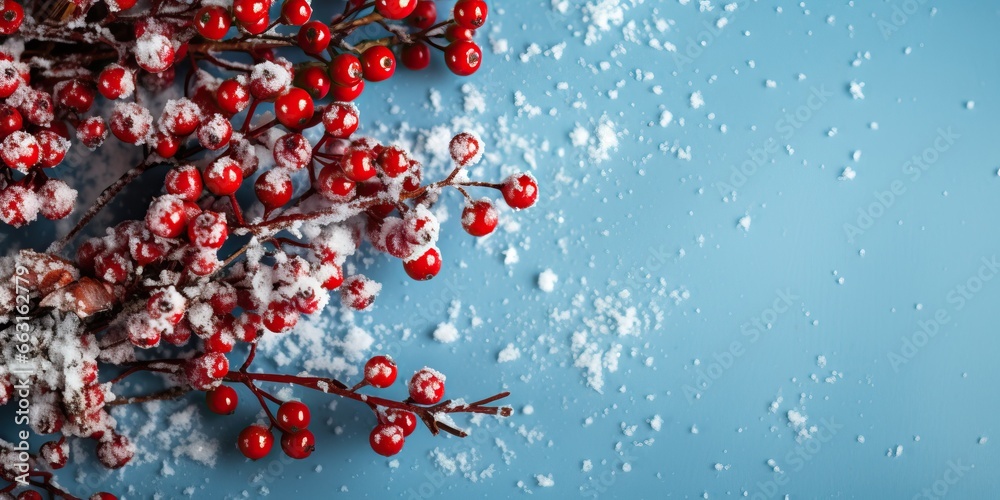 Christmas background with red berries and snowflakes on blue background.