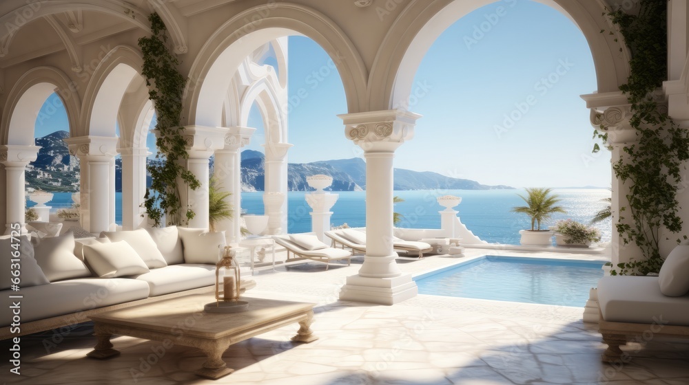 Luxury villa on the coast in the style of light-filled interiors, arched doorways.