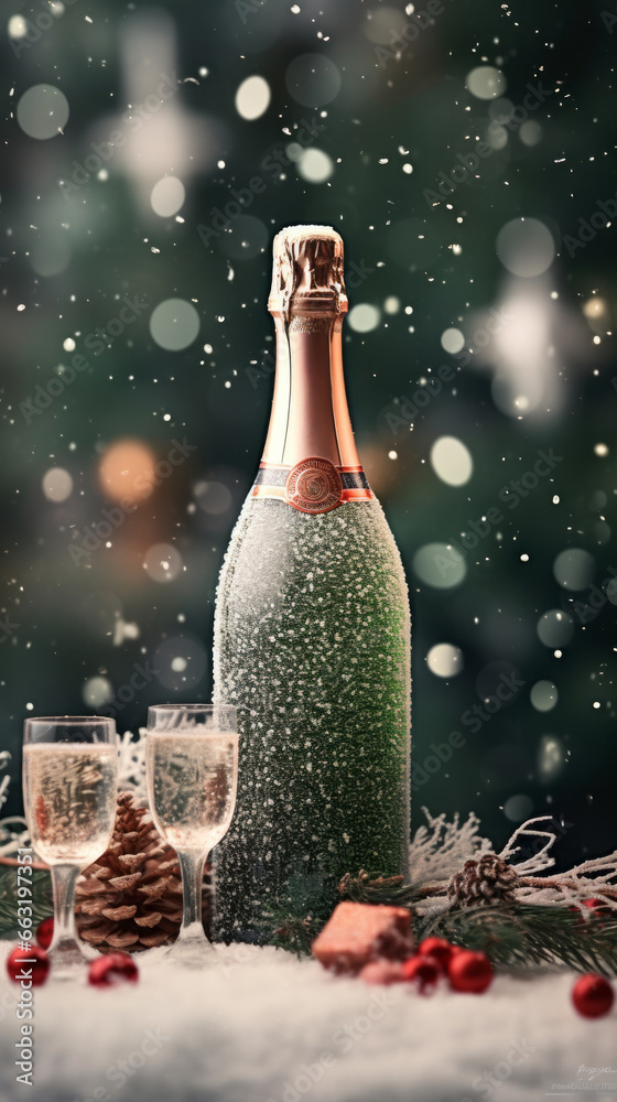 Amidst the winters snowy embrace, two glasses await to be filled with effervescent bubbles of celebration from a vine-born bottle of champagne on a magical christmas night