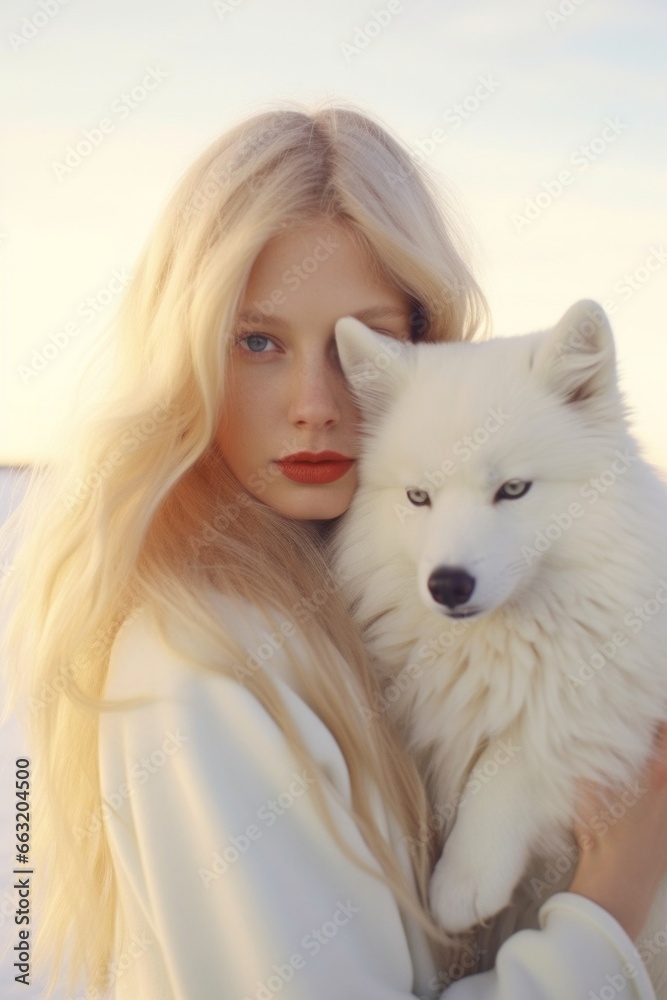 A stunning winter portrait captures the ethereal beauty of a woman and her faithful companion, a polar fox, as they stand beneath the vast sky, their fur and poses reflecting a wild and energy