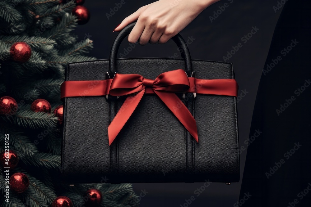 A festive fashionista clutches a sleek black bag adorned with a bold red ribbon, surrounded by the warm glow of a christmas tree adorned with pine and berries, holiday spirit with their chic style