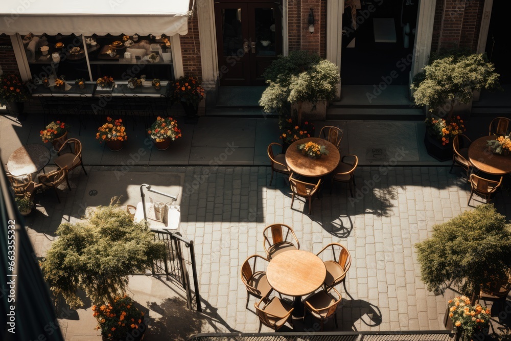 Aerial view of a empty outdoor cafe