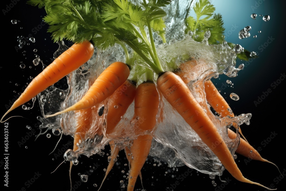 Fresh carrot dropping in the water, Splash water.