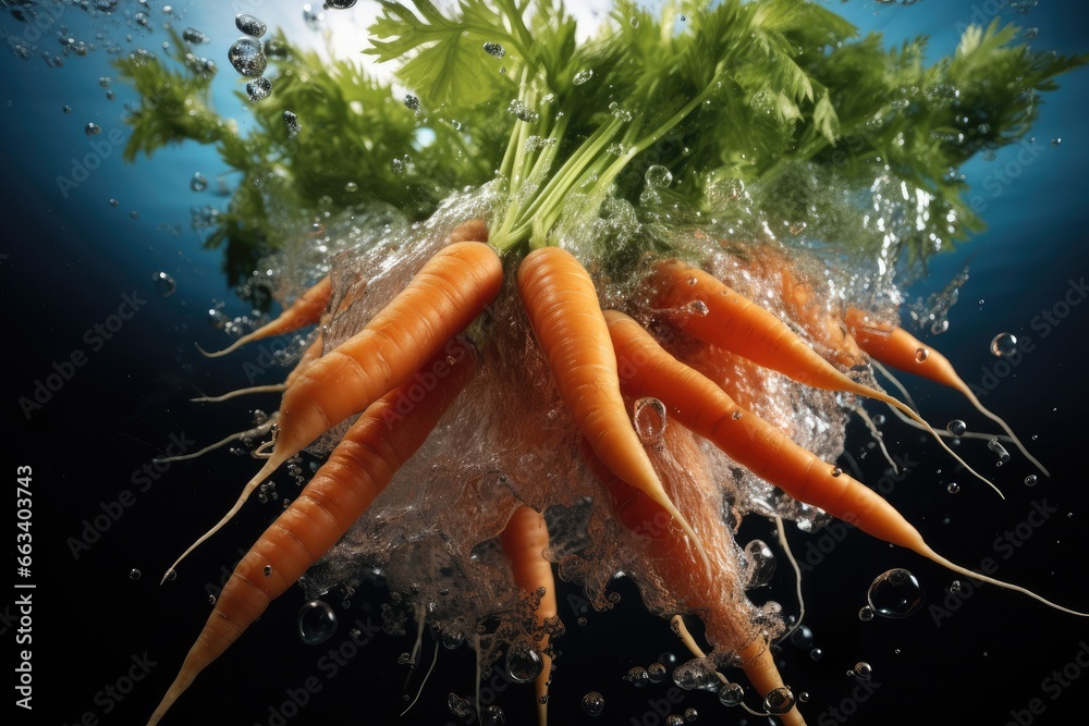 Fresh carrot dropping in the water, Splash water.