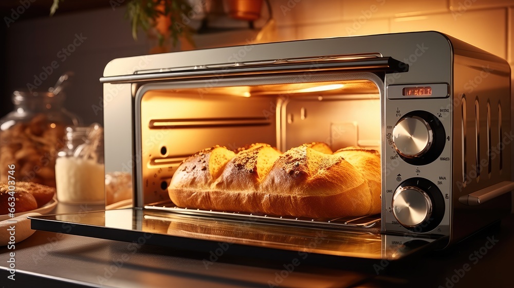 Baking bread in the oven, Fresh bread from cereals, Manufacture of bread.