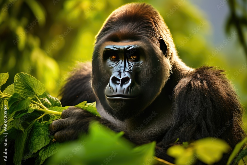  a gorilla with a black face and brown hair in the jungle.  generative ai