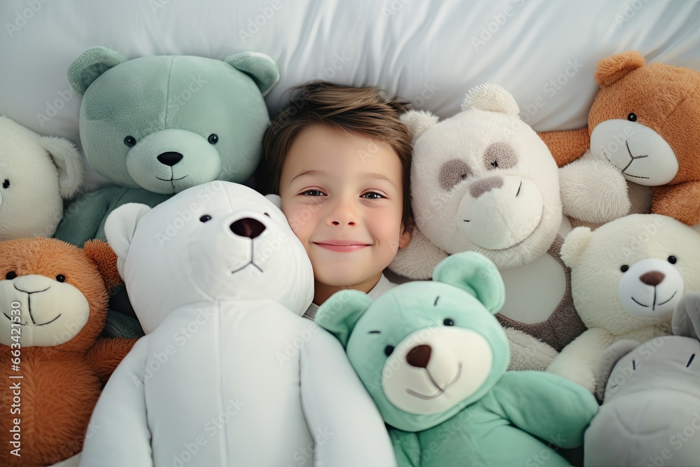 a young boy is surrounded by a bunch of stuffed animals.  generative ai