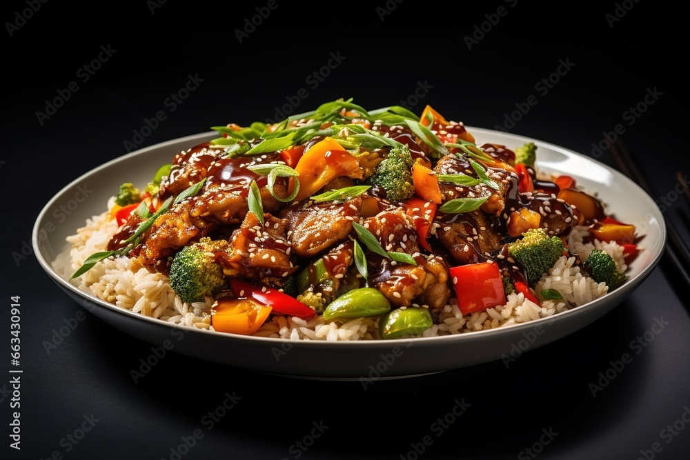 Stir-fried vegetables and brown rice with Tamari sauce on dark background
