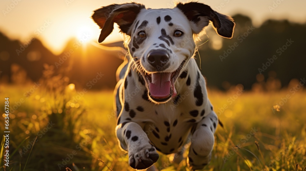 A playful Dalmatian running in a field with a yellow leash