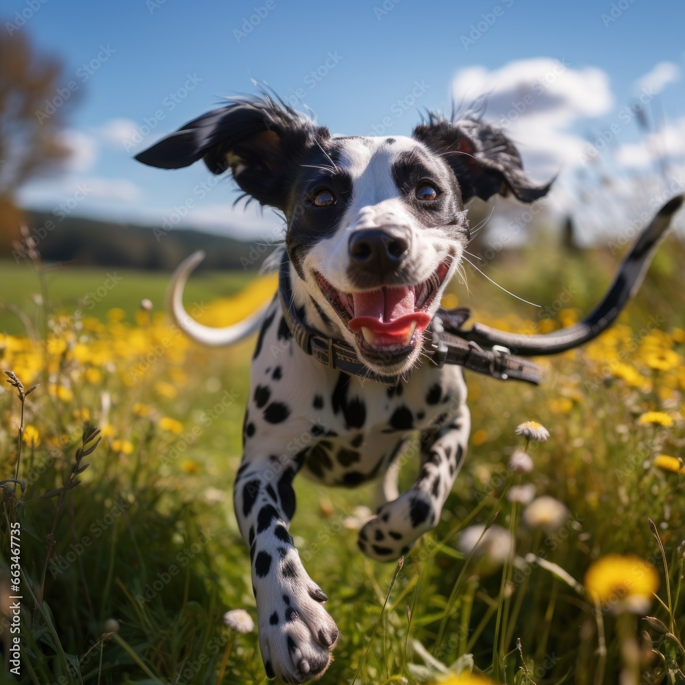 A playful Dalmatian running in a field with a yellow leash