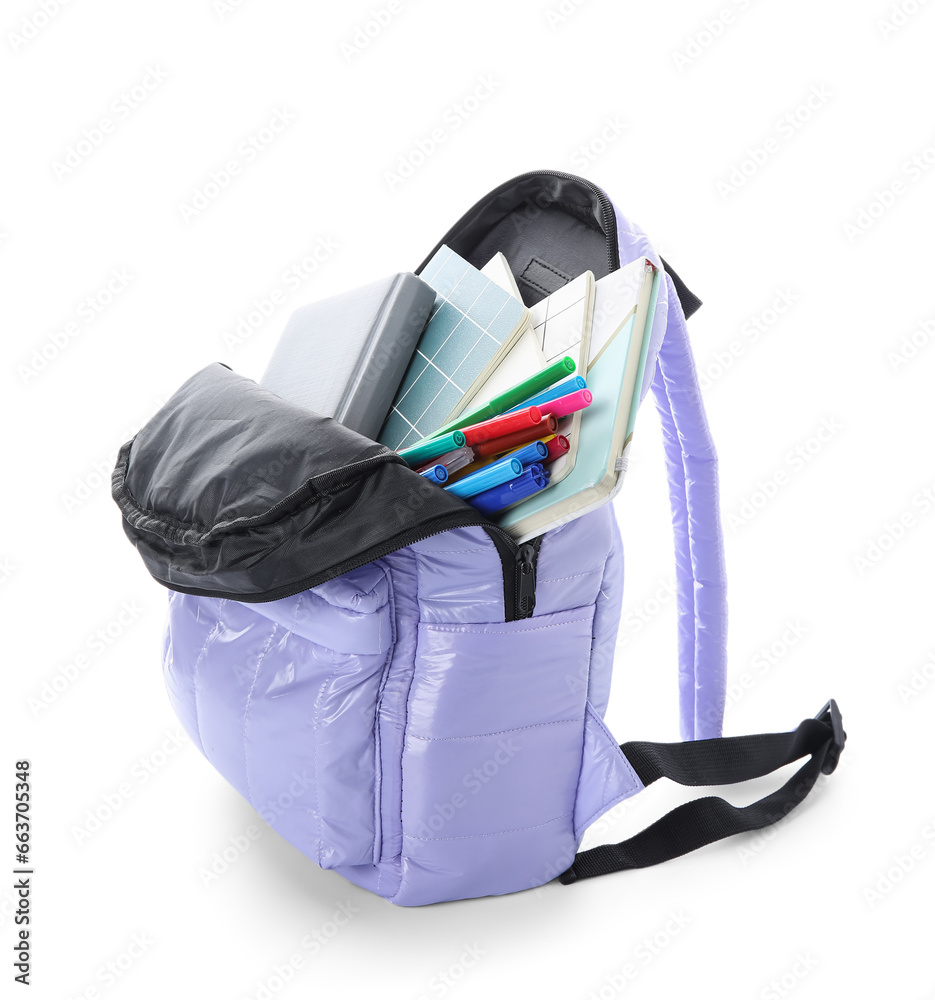 Stylish school backpack with stationery on white background