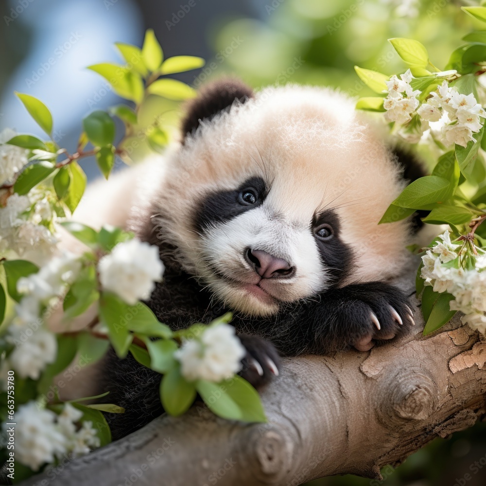 A baby panda napping on a tree branch, surrounded by lush greenery