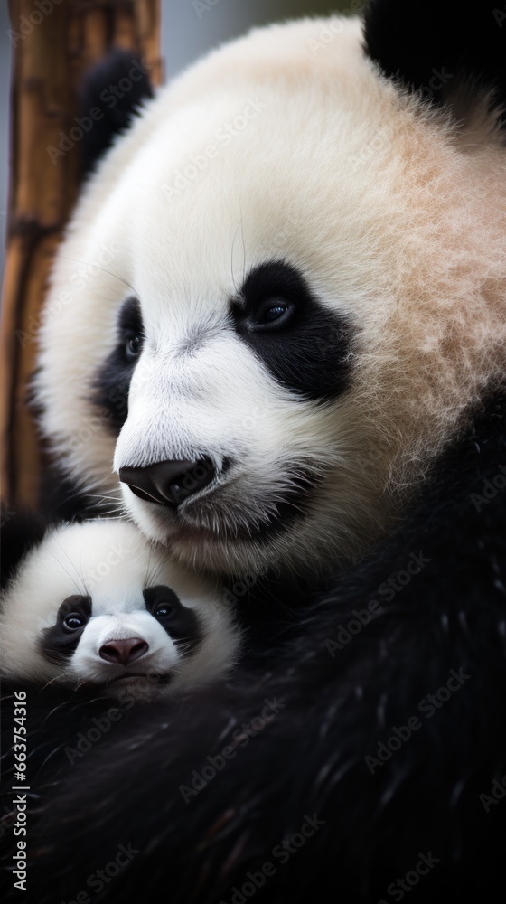 A mother panda and her cub snuggled up together for a nap