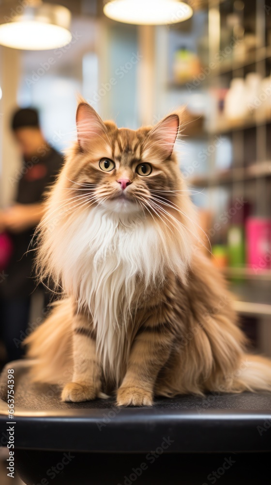 Affectionate long-haired cat enjoying a grooming session