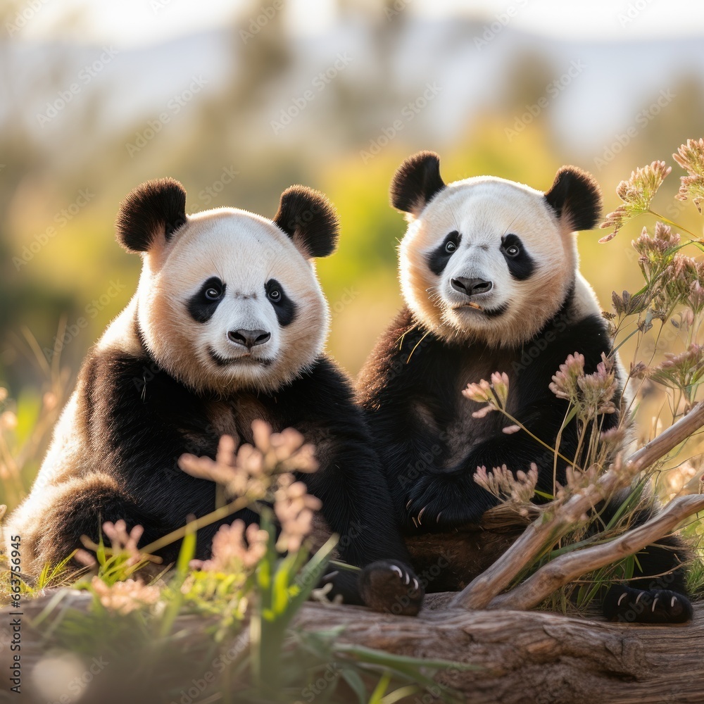 Two pandas sitting together looking content and relaxed