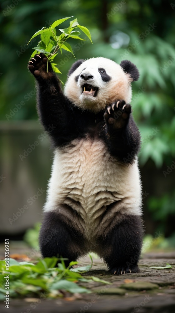 A panda standing on its hind legs, reaching up to grab some bamboo