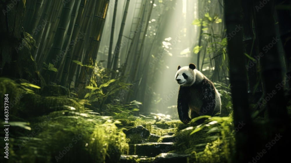A panda walking through a bamboo forest, with sunlight streaming through the trees.